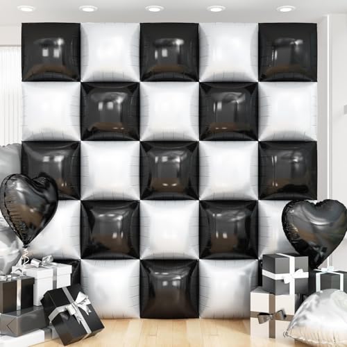 Black White Square Foil Balloon Wall,25Pcs Double Sided Checkered Balloons Backdrop Helium Balloon Tunnel Arch Garland Kit for Birthday Bridal Anniversary Baby Shower Party Decorations - style: Black White