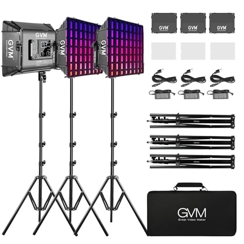 GVM RGB Photography Lighting Kits with 3 Softboxes, 880RS 60W Studio Lights with Bluetooth Control, 3 Packs Video Light with 18 Lighting Scenes, led Panel Lights for Video Recording, 8330lux/0.5M - size: 3 Packs With Softbox