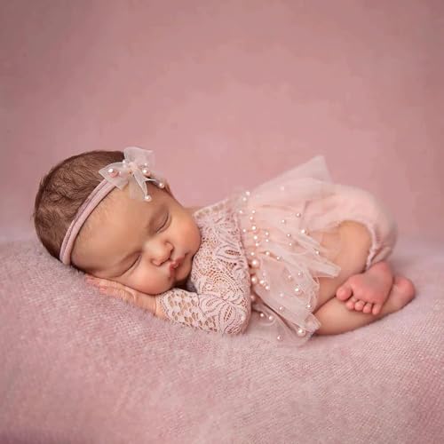 Newborn Lace Romper, 2 PCS Baby Girl Photography Props, Newborn Girl Photography Outfits with Flower Headband for Infants - color: Pink Long Sleeve