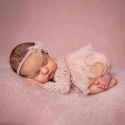Newborn Lace Romper, 2 PCS Baby Girl Photography Props, Newborn Girl Photography Outfits with Flower Headband for Infants - color: Pink Long Sleeve