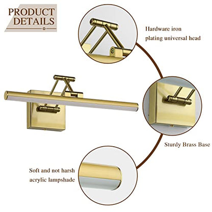 Joossnwell LED Picture Lights for Paintings Dimmable 15.5 Inch Long Hard-Wired Picture Frame Lights Brass Gallery Wall Light with Adjustable Swing Arm Art Display Lamps 7W 3000K Warm White - color: Hard-Wired Brass, size: Dimmable 15.51inch