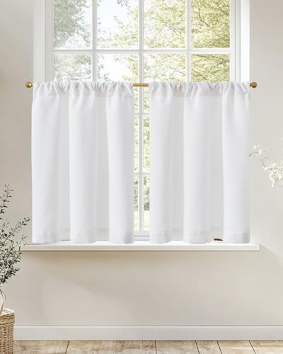 jinchan Linen Kitchen Curtains 24 Inch Rustic Tier Curtains Farmhouse Rod Pocket Cafe Small Window Drapes with Lined Flax Country Light Filtering for Bathroom Laundry Room RV 2 Panels White - color: Privacy White, size: 26"W x 24"L (Pack of 2)