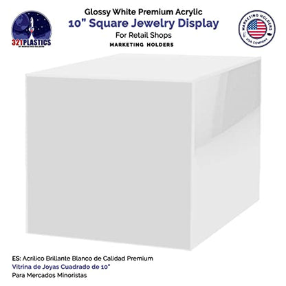 Marketing Holders 10 Inch Acrylic Display Riser Box No Lid White Square Retail Product Riser One Open Side Merchandise Storage Box Flippable Cubby for Expos and Tradeshows