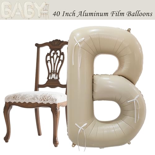 40" Cream White BABY Letter Foil Balloons with Pre-installed White Rustic Bows - Gender Neutral Decor for Baby Showers, Gender Reveal Parties, Boho Backdrop & Party Favors