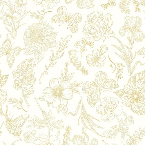 Gold Wallpaper Floral Peel and Stick Wallpaper White and Gold Wall Paper Laundry Room Contact Paper Self-Adhesive Removable Nursery Kids Room Bathroom Bedroom Shelf Liner Vinyl 78.7" x 17.3" - color: Yellow and Beige, size: 17.3" x 78.7"