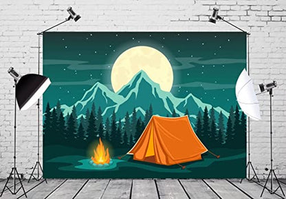 BELECO 5x3ft Fabric Cartoon Camping Backdrop for Photography Forest Scene Mountain Scenery Starry Night Full Moon Background Camping Themed Baby Shower Baby Kids Birthday Party Decoration Backdrop - size: 5x3FT