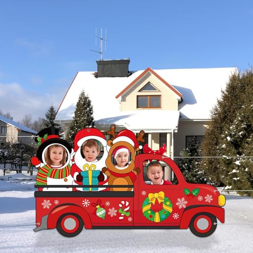 Large 75 Inch Christmas Red Truck Photo Prop Selfie Frame Christmas Party Decorations Large Fabric Red Truck Backdrop Reindeer Santa Claus Snowman Photo Booth Frame for Winter Xmas Holiday Party Decor