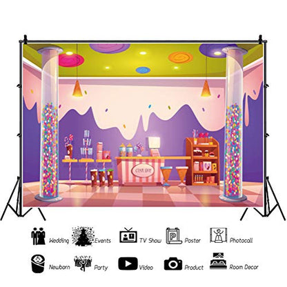 Haoyiyi 10x8ft Candy Shop Backdrop Sweet Pink Purple Ice Cream Cartoon Lollipop Chocolate Cake Donut Shop Photography Background Baby Shower Girls Princess 1st Birthday Party Banner Photo Booth Props