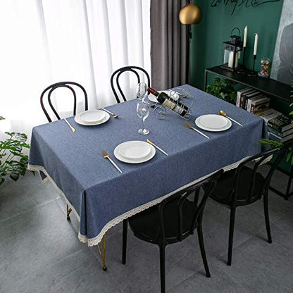 EHouseHome Faux Linen Tablecloth with Lace Trim - Waterproof/Spill Proof/Stain Resistant/Wrinkle Free/Oil Proof - for Banquet, Parties,Dinner,Kitchen,Wedding,Holiday,Denim Blue Rectangle 60x84Inch - color: Denim Blue, size: 84" x 60" (Rectangular)