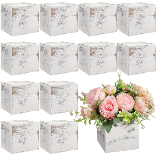Suzile 12 Set 4 Inch Wooden Planter Box Flower Square vases for Centerpiece Rustic Cube Planter Box with Removable Foam Blocks Liner Square Vase Craft for Garden Home(White) - color: White, size: 4 Inch