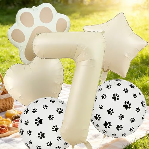 7th Birthday Dog Paw Balloons Set,18'' Paw Prints, Heart,Star,Paw Shaped Foil Balloon 40 Inch Cream Number 7 Helium balloons for Puppy Themed Third Anniversary Birthday Party Decorations Supplies 6PCS - color: Cream-7