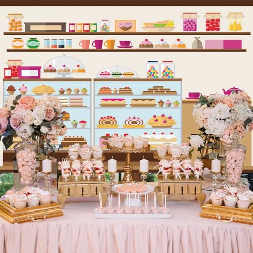 8x6.5ft Bakery Cafe Goods Shelf Backdrop Birthday Cake Lollipop Jelly Bean Cupcake Cartoon Sweets Shop Photography Background Bakery Shop Birthday Party for Girls Boys Portrait Photo Prop - size: 8x6.5ft