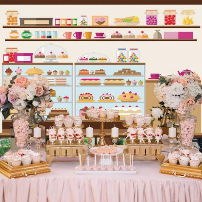 10x8ft Bakery Cafe Goods Shelf Backdrop Birthday Cake Lollipop Jelly Bean Cupcake Cartoon Sweets Shop Photography Background Bakery Shop Birthday Party for Girls Boys Portrait Photo Prop - size: 10x8ft