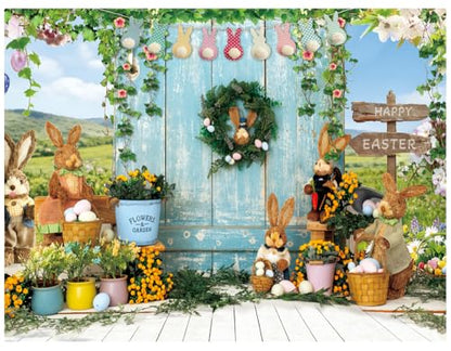 ChromaVerse 8X6FT Easter Photography Backdrop, Spring Bunny Theme with Rustic Wood Door, Flowers and Happy Easter Decoration CV-200 - size: 8X6FT