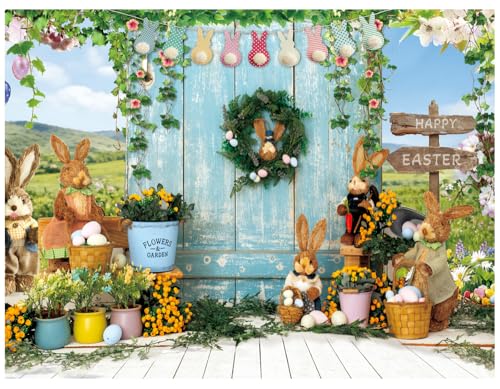 ChromaVerse 8X6FT Easter Photography Backdrop, Spring Bunny Theme with Rustic Wood Door, Flowers and Happy Easter Decoration CV-200 - size: 8X6FT
