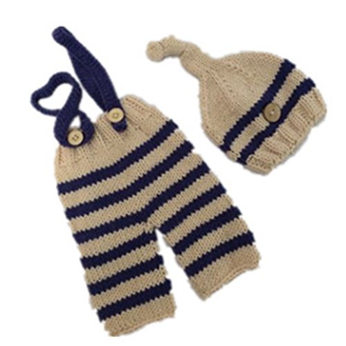 Newborn Baby Photo Shoot Props Girl Boy Crochet Knit Hat Costume Stripe Hat Pants Overalls Photography Props - color: Beige