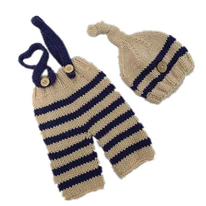 Newborn Baby Photo Shoot Props Girl Boy Crochet Knit Hat Costume Stripe Hat Pants Overalls Photography Props - color: Beige