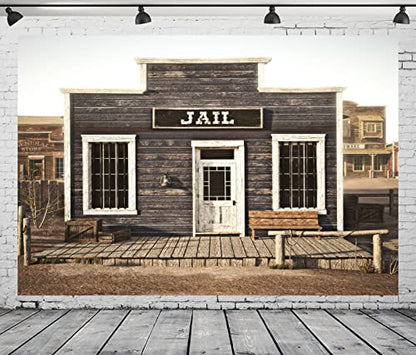 BELECO Fabric 10x8ft Western Jail Backdrop Rustic Western Town Wooden Prison Backdrop Wild West Cowboys Photo Background Police Jail Party Decorations Halloween Jail Prison Decor Studio Props - size: 10x8FT
