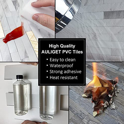 AULIGET Faux Stone Peel and Stick Backsplash, Light Grey Marble Look PVC Mixed Metal Wall Tiles Stick on Backsplash - color: Light Grey + Metal Silver, size: 2 Sheets, 6"x12"x0.12"