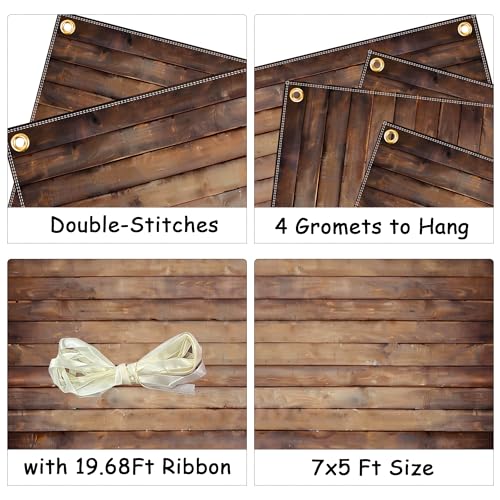 Wood Backdrop for Photography 7x5ft Polyester Brown Wooden Backdrop Photographers Retro Rustic Wood Wall Background Cloth Seamless Backdrops Props with 19.68ft Ribbon - color: Wood, size: 7x5 Ft