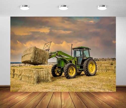 BELECO 17x10ft Fabric Farm Tractor Photography Backdrop Countryside Ranch Green Tractor Hay Bales Fall Harvest Photography Background Autumn Themed Party Decoration Photo Studio Props - size: 17x10ft