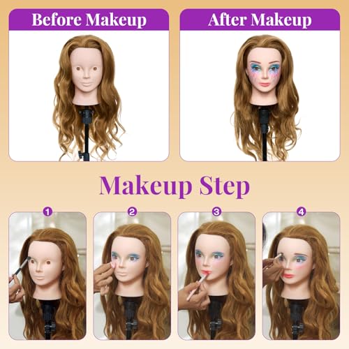 Mannequin Head with 80% Real Human Hair with Tripod Stand - 28" Makeup Cosmetology Manikin Doll Head for Hair Styling, Hairdressing Training Head for Braiding Practice Suitable for Hair Extensions - color: Brown &Tripod Set
