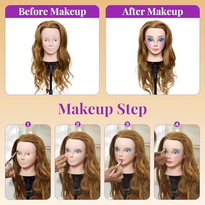 Mannequin Head with 80% Real Human Hair with Tripod Stand - 28" Makeup Cosmetology Manikin Doll Head for Hair Styling, Hairdressing Training Head for Braiding Practice Suitable for Hair Extensions - color: Brown &Tripod Set