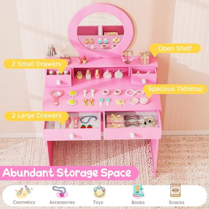 Costzon Kids Vanity, Princess Makeup Dressing Desk with Mirror and Stool, 4 Storage Drawers, Vanity Table and Chair Set for Little Girls (Pink) - style: Pink with Round Mirror