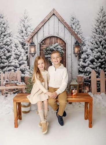 Kate Christmas Winter Cabin Snowy Fence White Green Tree Backdrop Photo Background Studio Props,7x5ft