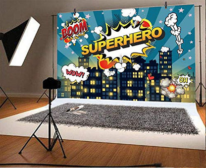 Haoyiyi 5x3ft Superhero Super City Backdrop City Building Dark Blue Sky Boom Cloud Background Photography Children Kids Boys Baby Shower Birthday Artistic Portrait Photo Booth Prop