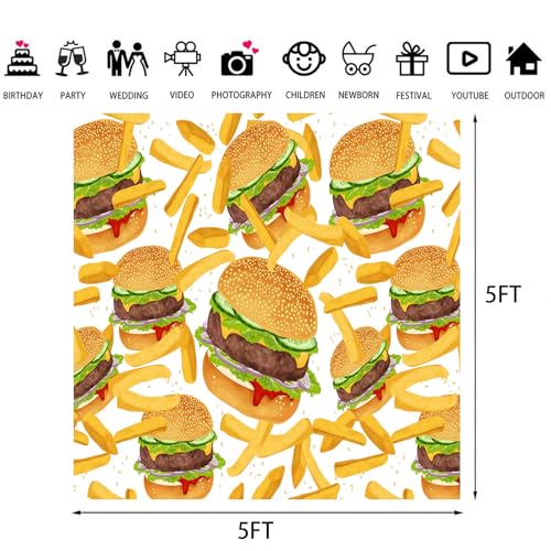 Hamburger French Fries Backdrop, 5x5ft, Fast Food Photograhy Background Birthday Party Supplies Burger Shop Decoration Banner Photo Booth Props - size: 5x5