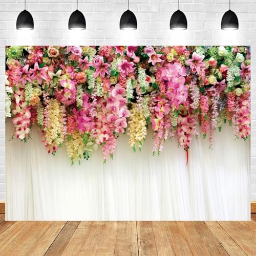 6x4ft Pink Floral Backdrop White Curtain Wedding Reception Photography Background Colorful Flowers Anniversary Bridal Shower Decorations Birthday Party Baby Shower Portrait Photo Booth Prop - color: color 1, size: 6x4ft