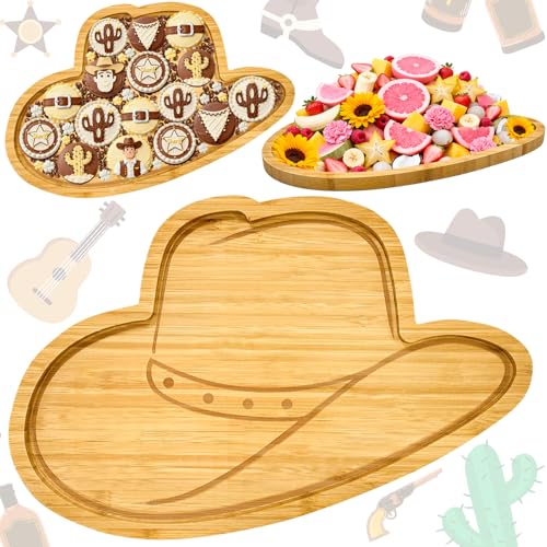1PCS Wooden Cowboy Party Decoration Hats Charcuterie Board First Rodeo Birthday Tableware Western Cowgirl Serving Trays Reusable Fillable Food Platter for Baby Shower Gender Reveal Tabletop Supplies - color: Wooden Hat