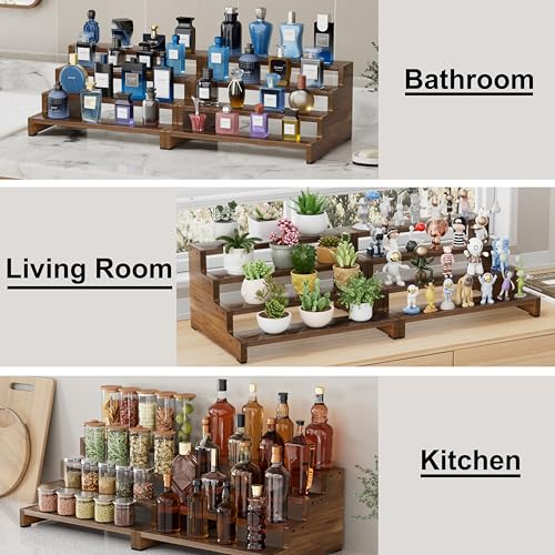 ZUJJAFY Cologne Organizer for Men, 4 Tier Wooden Cologne Stand Mens Fragrance Shelf, Tiered Wood Risers Display Stands for Perfume, Cupcake, Figures, Dessert, Brown - color: Brown