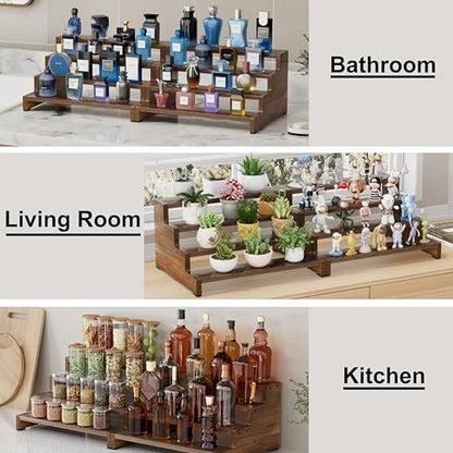 ZUJJAFY Cologne Organizer for Men, 4 Tier Wooden Cologne Stand Mens Fragrance Shelf, Tiered Wood Risers Display Stands for Perfume, Cupcake, Figures, Dessert, Brown - color: Brown