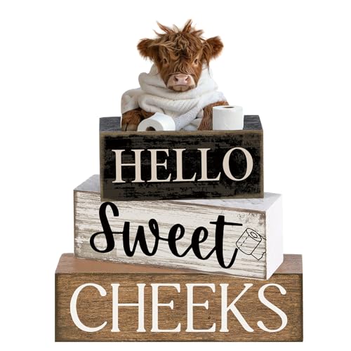 Moucuny 4 Pcs Bathroom Shelf Decor Highland Cow Farmhouse Bathroom Decor and Accessories Rustic Eucalyptus Leaves Hello Sweet Cheeks Highland Cow Sign Western Table Centerpiece for Home Office Toilet - style: Bathroom Highland Cow