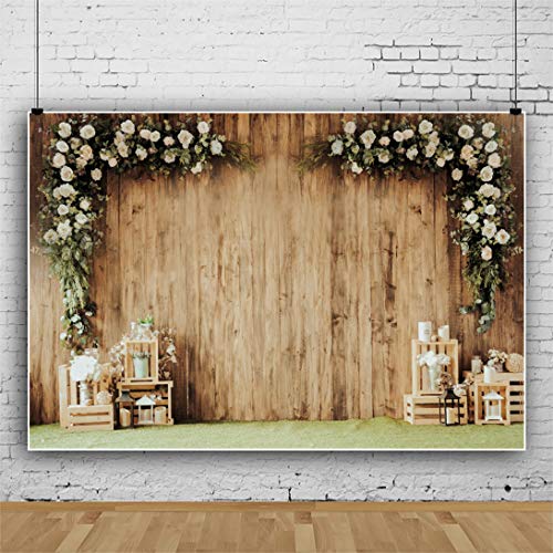 10x6ft Polyester Wedding Backdrop Rustic Floral Flower Wood Wall Backdrop Bridal Shower Reception Ceremony Photography Background Wedding Proposal Party Kids Birthday Party YouTube Photo Prop - size: 10x6ft-Polyester