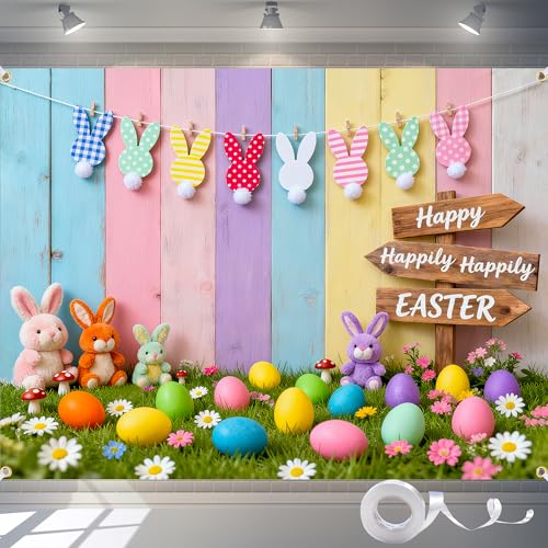 Easter Backdrop 8x6FT Large Happy Easter Photo Backdrop with 32.8ft Ribbon and 4 Grommets, Colorful Bunny Eggs Easter Backdrops for Photography Spring Party Baby Shower Studio Decorations - color: Easter Backdrop, size: 8x6FT