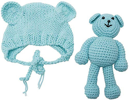 Newborn Baby Photo Shoot Props Boys Girls Crochet Knitted Hat Bear Hat Beanie with Bear Dolls Photography Props - color: Blue