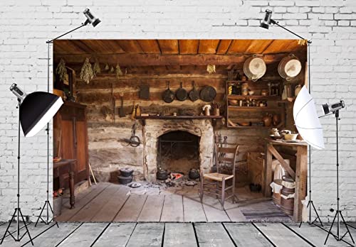 BELECO Rustic Kitchen Backdrop 8x6ft Fabric Western Old Wooden House Kitchen Interior Background Rural Farmhouse Fireplace Cooking Utensils Cooking Background Farmers Cowboys Portrait Photo Props - size: 8x6FT