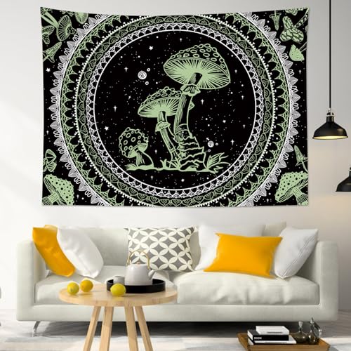 SCECALA Green Mushroom Tapestry Boho Mandala Pattern with Green Mushroom Wall Tapestry Black and White Star Wall Hanging for Bedroom Living Room Teen Dorm Party Home Decor 80x60 Inch - color: Green, size: 60"L x 80"W