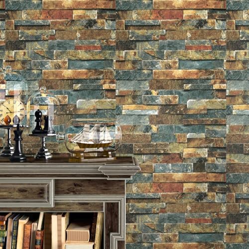 Wallercity Blue/Brown Brick Wallpaper Peel and Stick Stone Wallpaper Self Adhesive Faux 3D Rock Wallpapers for Walls Backdrop 15.8''x315'' Waterproof Bricks Contact Paper for Fireplace Kitchen Bedroom - color: Blue/Brown, size: 15.8" x 315"