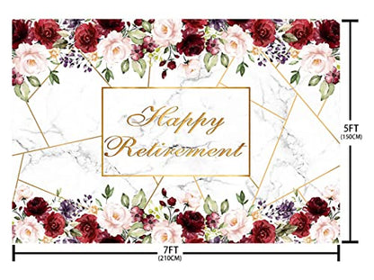 AIBIIN 7x5ft Happy Retirement Backdrop Red White Marble Rose Gold Pink Red Flowers Photography Background The Aged Women Lady Retirement Party Decorations Banner Photo Props