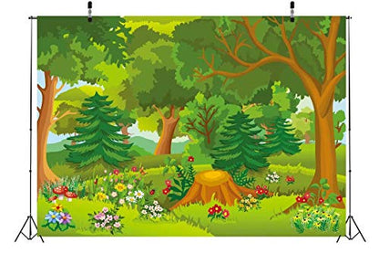 BELECO 5x3ft Fabric Cartoon Forest Backdrop Fairytale Forest with Flowers Mushroom Phtography Backdrop for Birthday Party Decoration Baby Shower Kids Game Photoshoot Photo Background Props L-0020 - size: 5x3FT