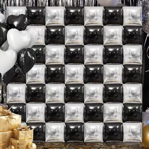 50PCS Silver Black Square Foil Balloon Wall, Double Sided Metallic Silver Black Garland Kit, Reusable DIY Mylar Balloon Arch for Anniversary Bachelorette Birthday Engagement Party Background Decor ﻿ - color: Black & Silver