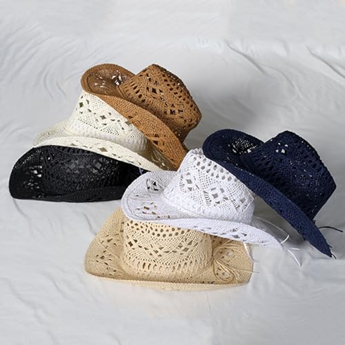 Straw Cowboy Hats Ventilated Hollow Round Foldable Sun Hats for Women Summer Western Cowgirl Beach Hat Photo Prop - color: Khaki