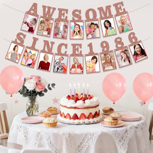 Pre-strung Awesome Since 1986 Photo Banner Birthday Decorations for Women- Pink Rose Gold Glitter 40th Birthday and Anniversary Decorations Party Supplies - style: Pink Rose Gold 40th