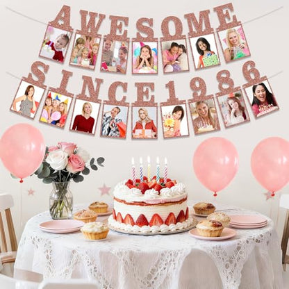 Pre-strung Awesome Since 1986 Photo Banner Birthday Decorations for Women- Pink Rose Gold Glitter 40th Birthday and Anniversary Decorations Party Supplies - style: Pink Rose Gold 40th
