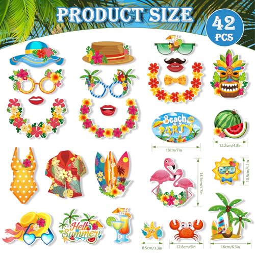 Konsait 42 PCS Hawaiian Photo Booth Props Luau Party Decorations, Summer Photo Booth Props Tropical Picture Prop Hawaiian Party Decor Aloha Backdrop Prop
