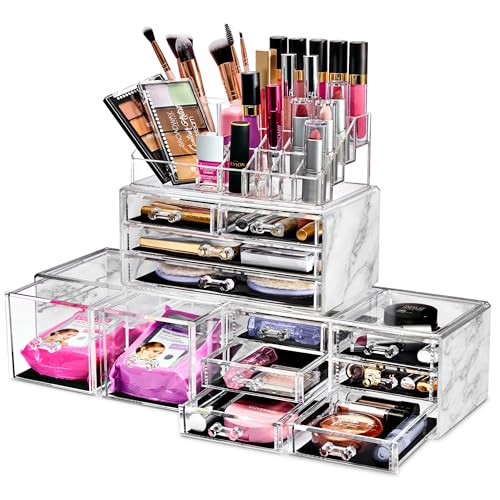 Sorbus Large Makeup Organizer - Clear Stackable Jewelry & Makeup Organizer For Vanity, Bathroom Storage, Dresser - 12 Drawers Cosmetic Beauty Organizers and Storage with Lipstick, Makeup Brush Holder - color: Marble